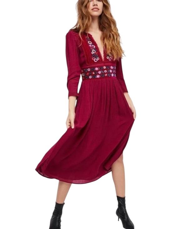 Free People Dresses & Skirts - Free People Floral Embroidered Folk Gauzey Midi Dress S Cranberry Red Peasant